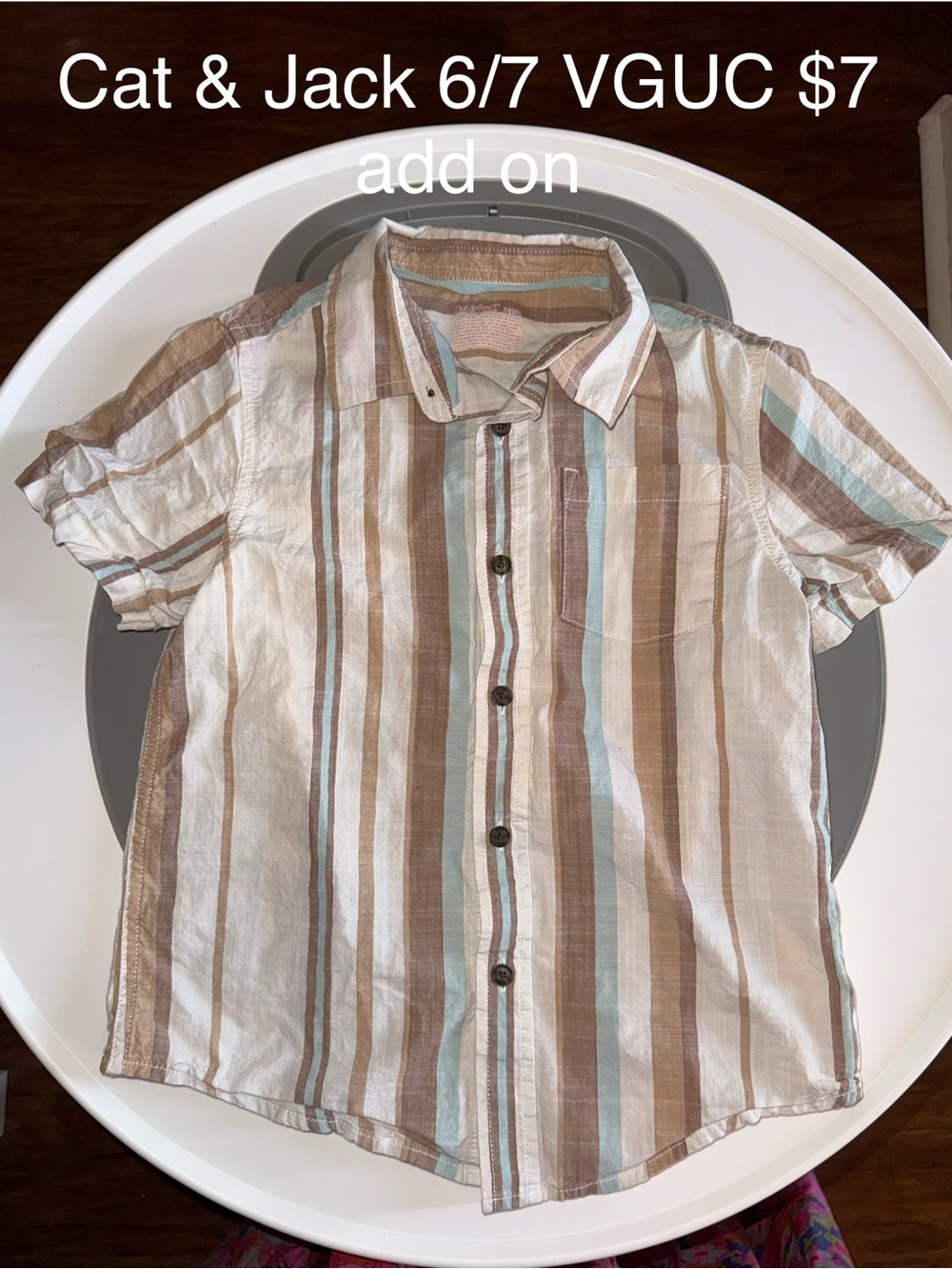 Cat & Jack Striped Button-Up Shirt in Cream, Brown & Light Blue Trim
